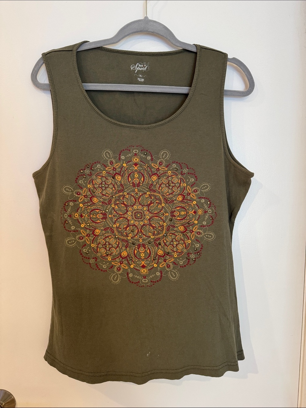 Vintage Style & Co. Olive Tank with Red and Gold Mandala